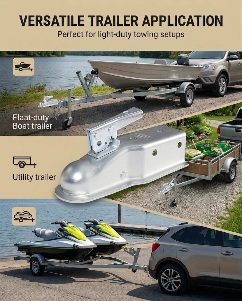 5,000 lbs Class III Trailer Coupler for 3" Channel Tongue, 2" Ball Heavy Duty Straight Tow Coupler with Latch Lock, Zinc Plated Steel for RV, Boat Trailer, Utility Camper & Cargo Towing