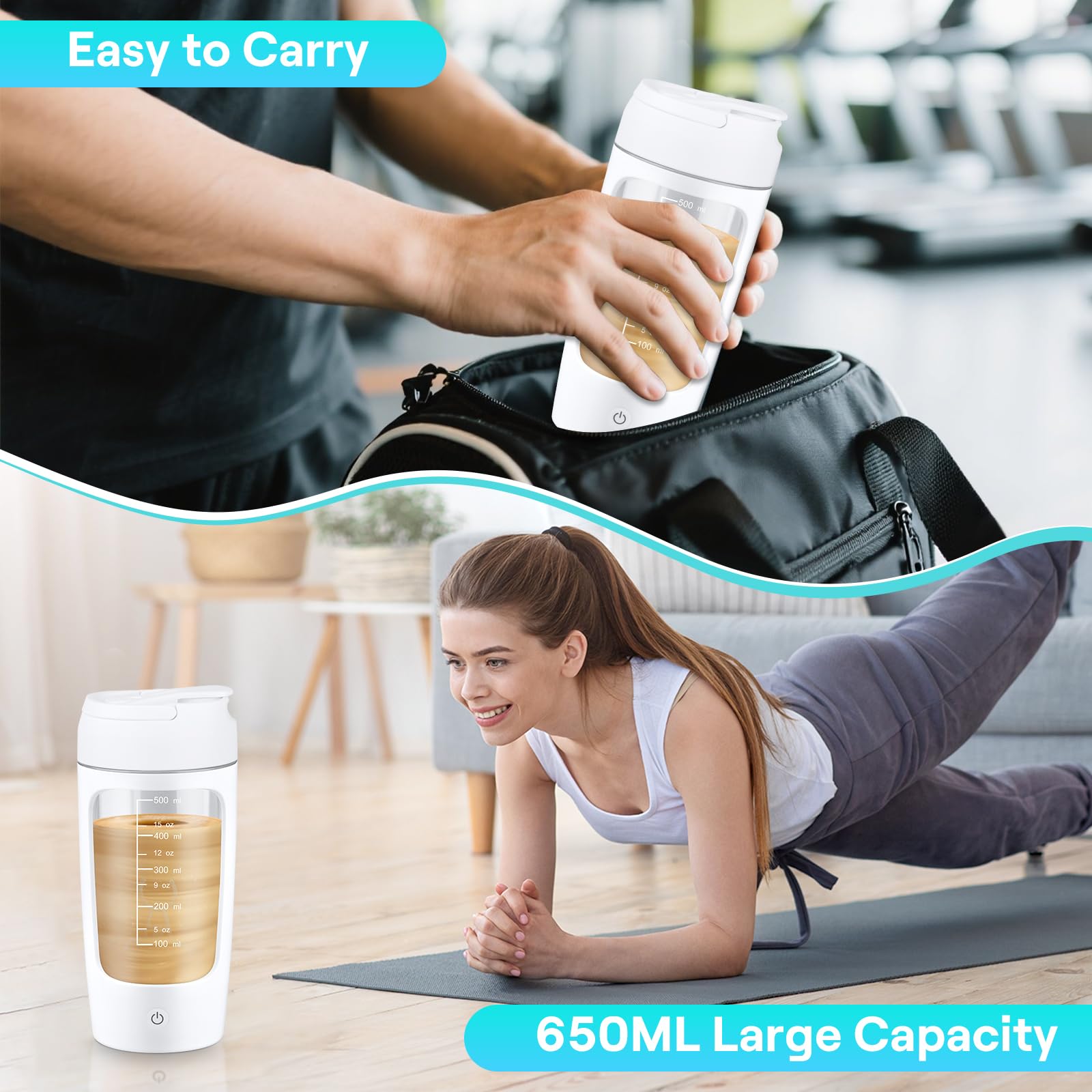 NVIYAM Shaker elettrico 650 ml, shaker per proteine con scomparto per polvere, shaker per proteine USB C, ricaricabile, frullatore elettrico per potein in polvere e frappè, frullato proteico