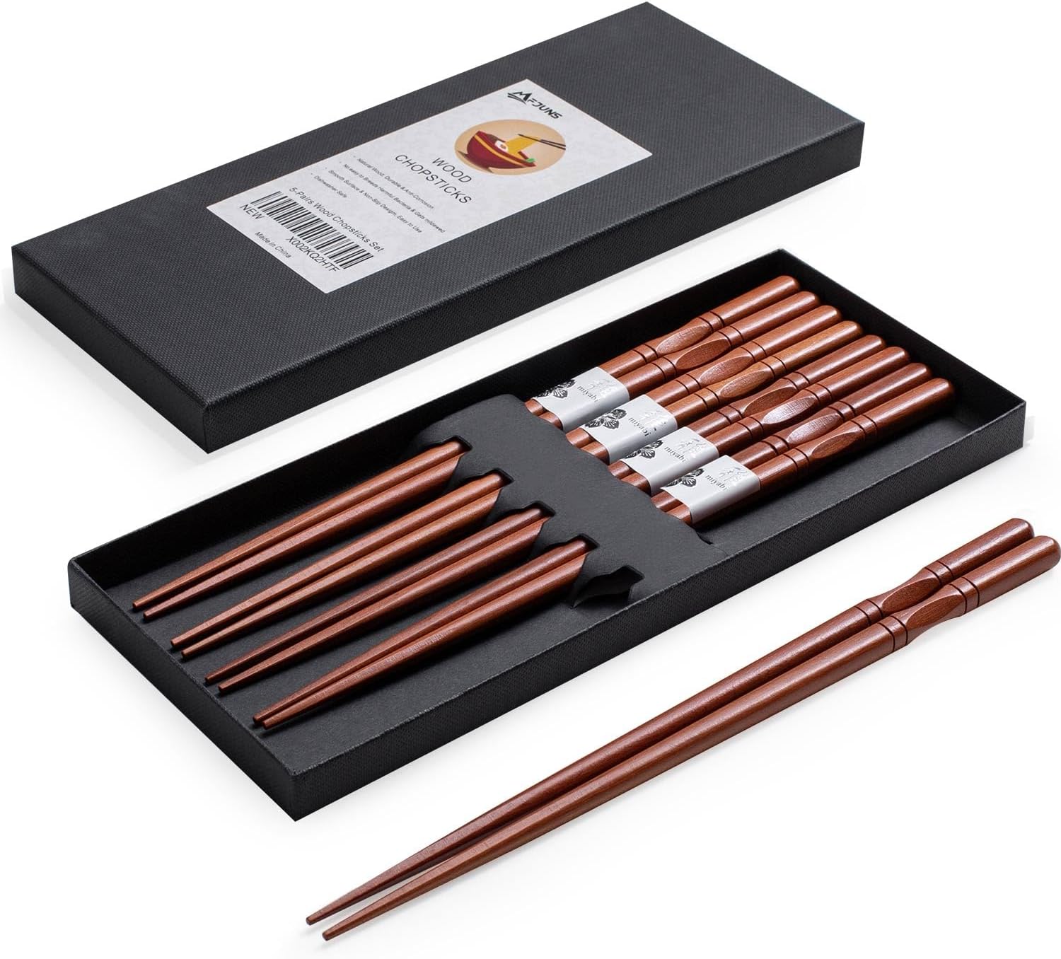 MFJUNS 5-Pairs Japanese Chopsticks, Reusable, Non-slip Design, Natural Wood, Brown, 8.8 Inch/22.5cm, Easy to Use, Suitable for Beginners, Gift Set