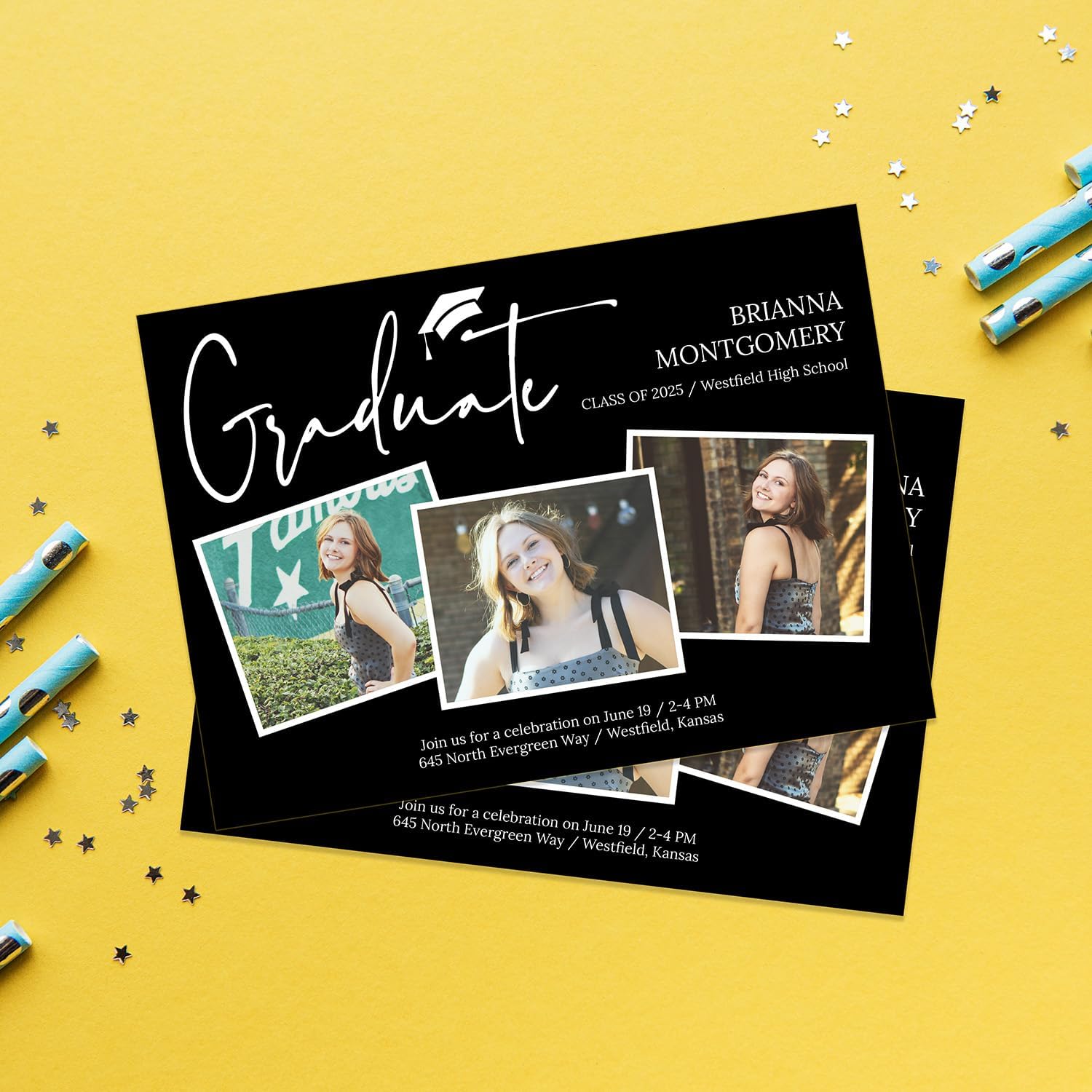 Personalized Horizontal Overlapping Photos Graduate Invitations / 25 Graduation White Cap Custom Image Invites With White Envelopes / Modern 5" x 7" Flat Landscape School Grad Announcement Cards / Made In The USA