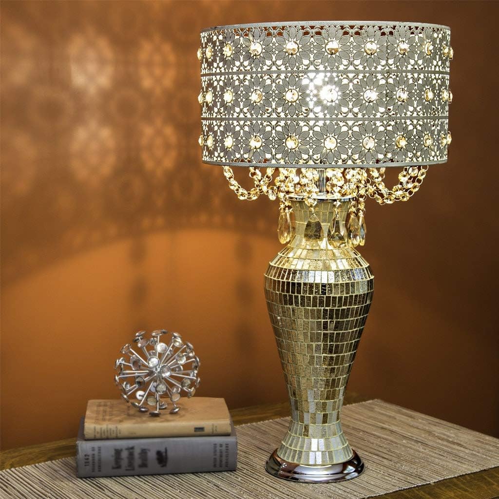 Jeweled Metal/Mosaic Base Cascading Crystal Table Lamp Beige Bohemian Eclectic Glam Shab Chic