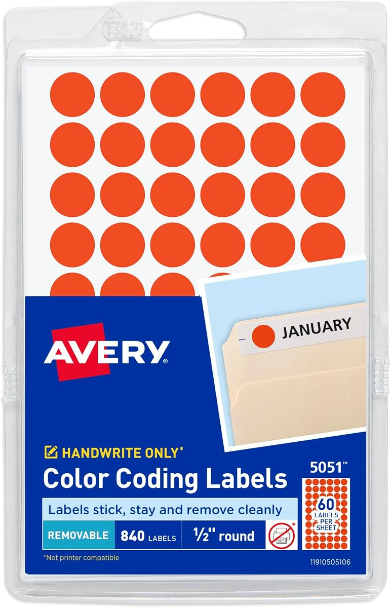 Avery Color-Coding Removable Labels, 1/2 Inch Round Stickers, Neon Coral, Non-Printable, 840 Dot Stickers Total (5051)