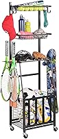 PLKOW Garage Ball Storage Rack - Rolling Sports Equipment Organizer with Hooks, Basket & 4-Tier Shelves for Toys & Gear