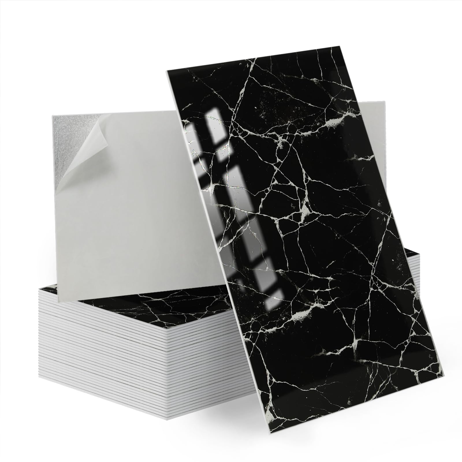 Tarwanear 30Pcs Marble Tile Stickers,Self Adhesive Wall Tiles Marble 60 x 30cm, PVC Peel and Stick on Wall Tiles Waterproof for Living Room Bedroom Bathroom Kitchen Backsplash,Marble Black