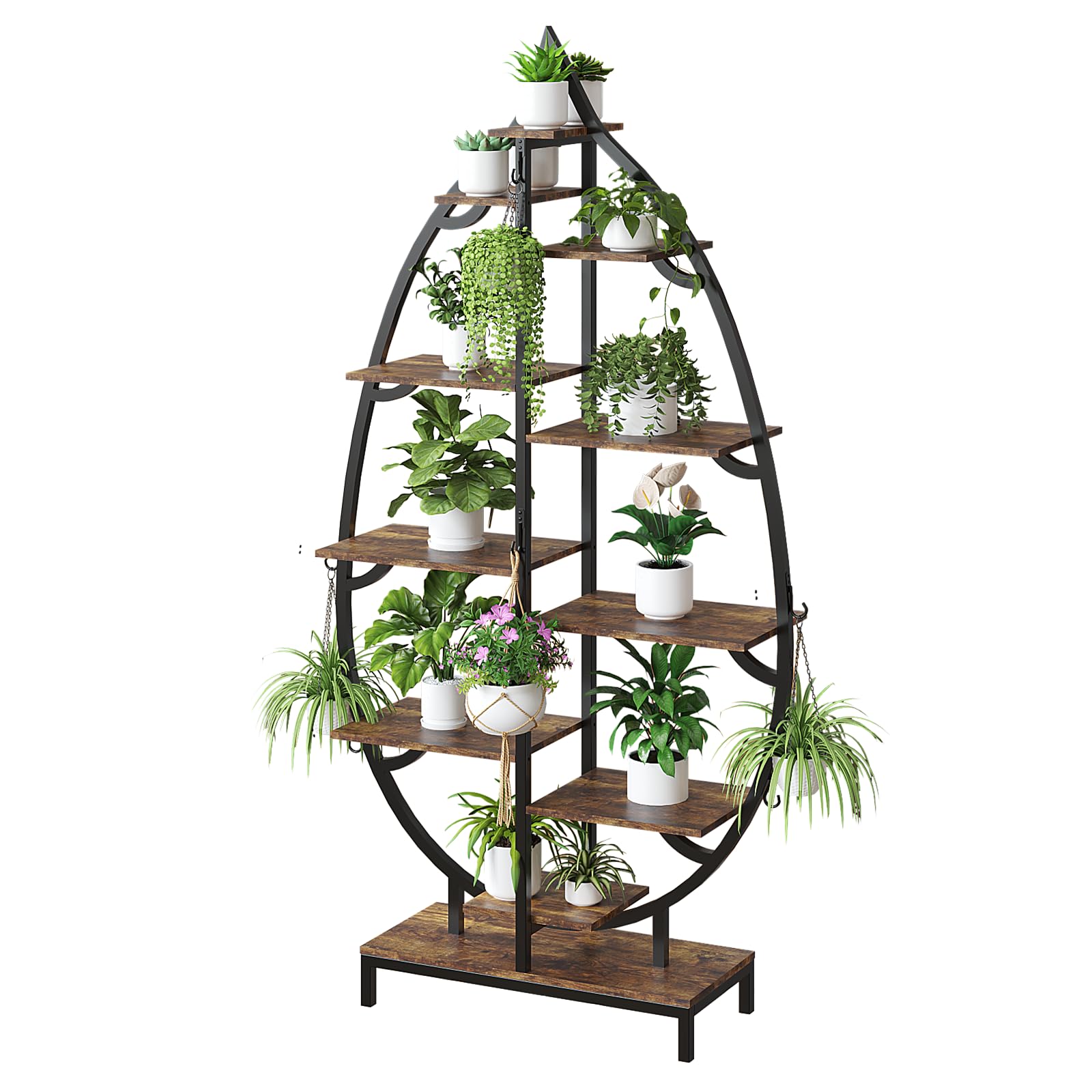 Bonnlo Pflanzenständer mit Wachstumslicht, Blumenständer Blatt-Design, Pflanzenregal natürlich, Blumenregal Eisenholz für Balkon, Wohnzimmer, Garten, Büro, 160x84x26 cm, vintage