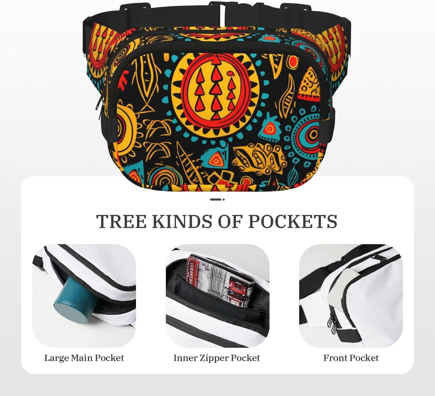 African Ethnic Elements Fanny Pack for Women Men Fashion Waist Packs with Adjustable Strap Crossbody Belt Waist Bag for Hiking Running Travel