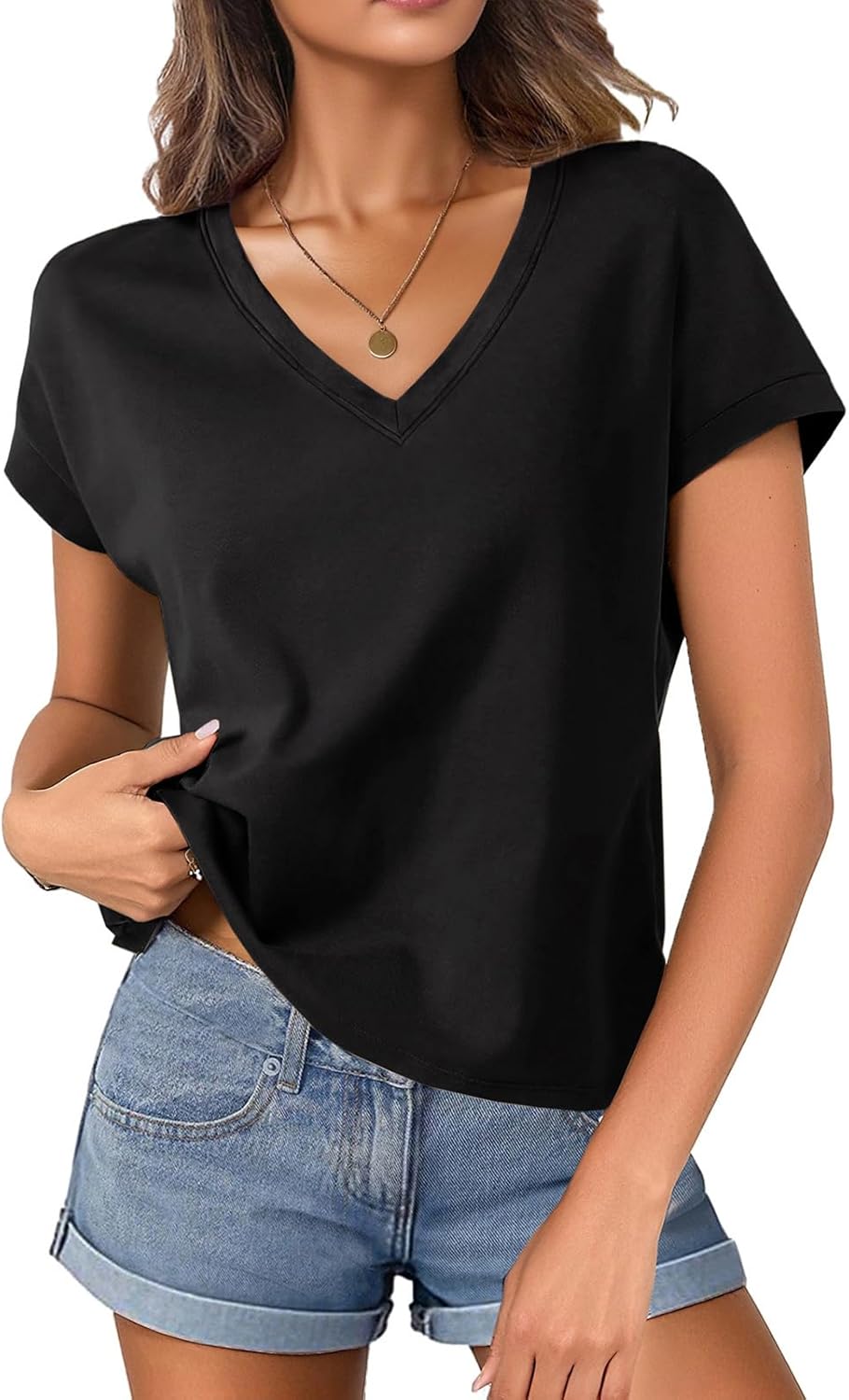 Womens Cap Sleeve Tops Cropped T Shirts Cotton V Neck Boxy Loose Fit Tee Short Sleeves Summer Fashion