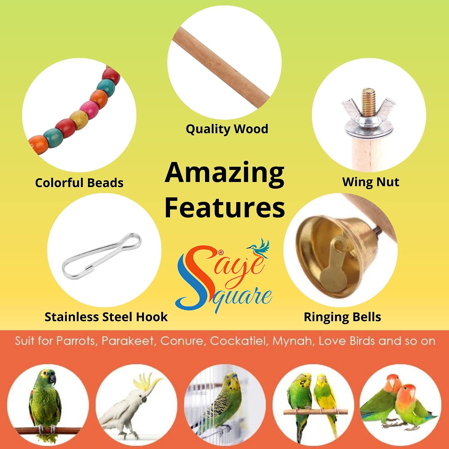 Sage Square Wooden Bird Toys Combo | Bird Feeder, Platform, Sand Perch, Wheel, Hanging Cage Accessory | for Budgie, Parrot, Cockatiel, Parakeet, Conure, Macaw etc 4