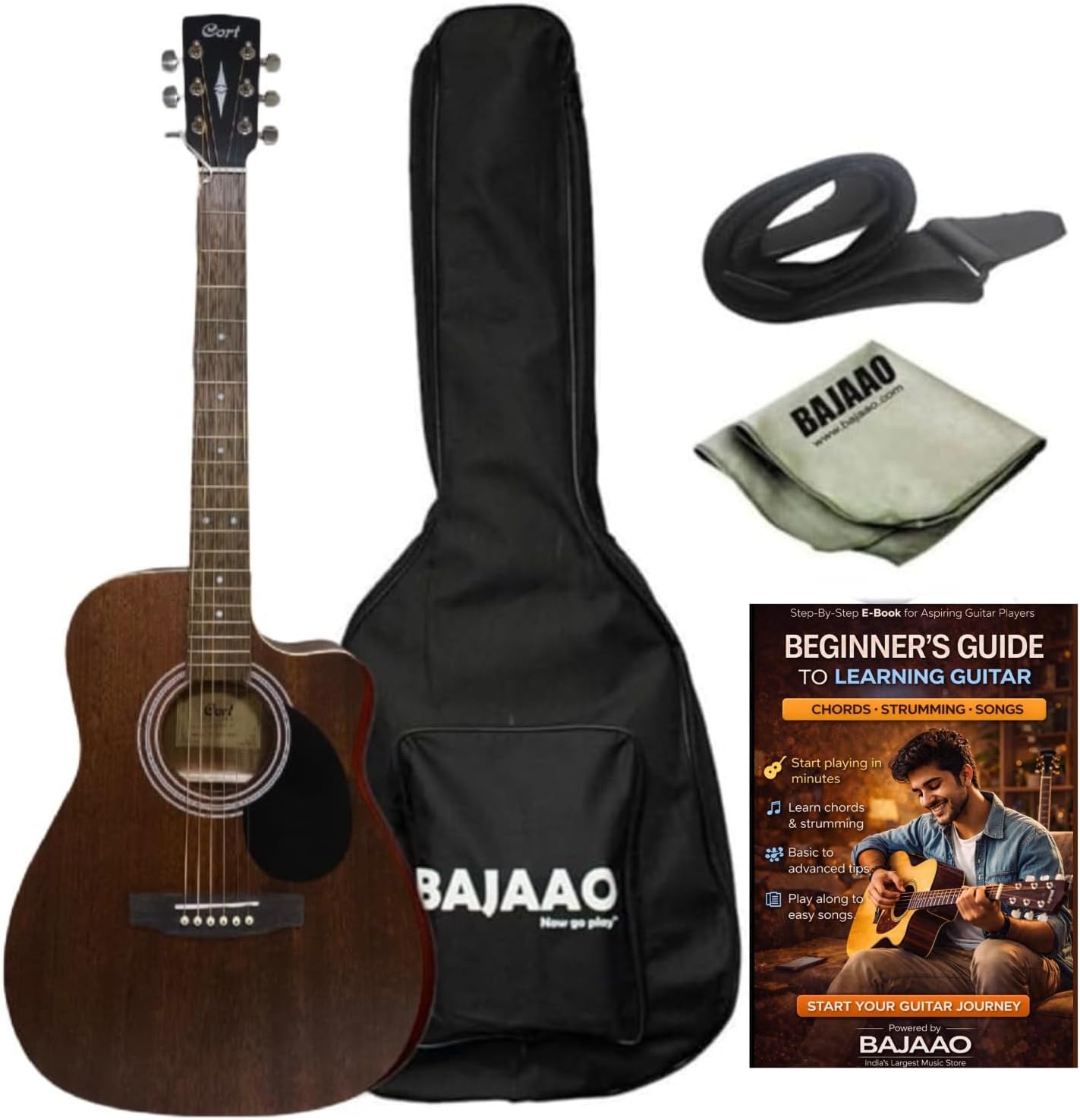 Cort Af500C Open Pore Cut Acoustic Guitar with Bajaao Bag, Strap, Polishing Cloth and E-Book - Mahogany