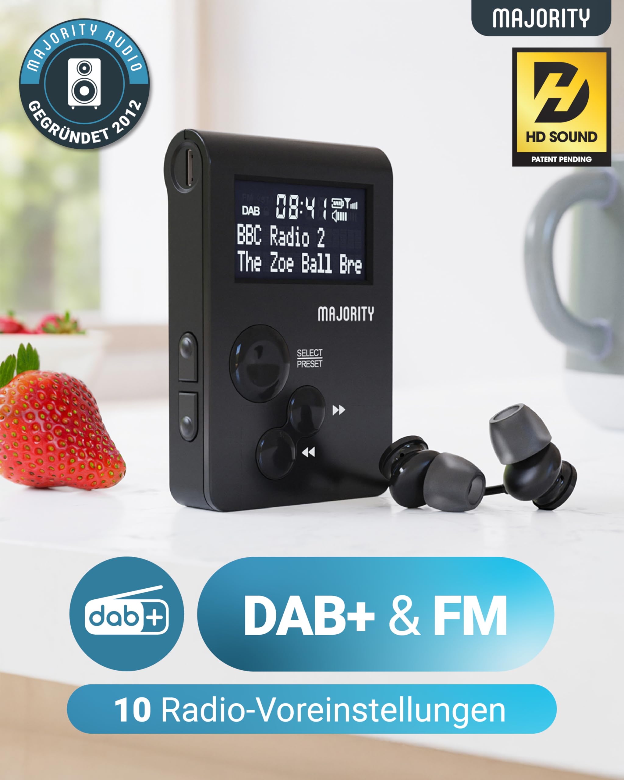 Tragbares DAB/DAB+-Radio für die Hosentasche | Persönliches FM-Radio mit Sportclip | Wiederaufladbarer 12-Stunden-Akku | USB-C-Ladung und Kopfhörer im Lieferumfang enthalten | MAJORITY Petersfield Go