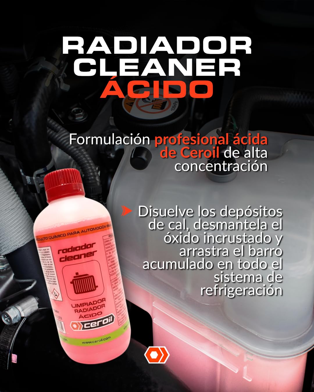 Radiador Cleaner Ácido 500ml – Limpiador Sistema de Refrigeración, Elimina Óxido, Cal y Grasa – Apto para Aluminio y Cobre – para Coches, Camiones, Náutica y Maquinaria