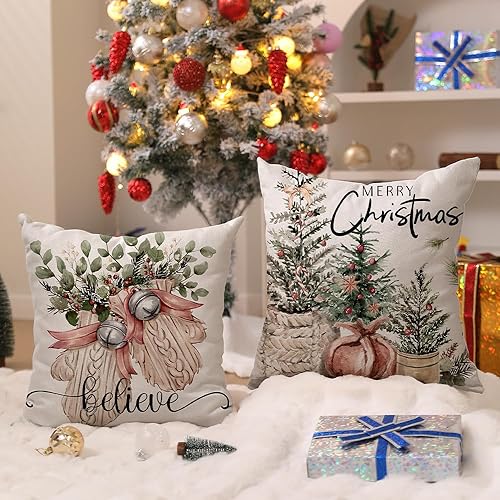 Miniatura 3 de DFXSZ Juego de 4 fundas de almohada de Navidad de 16 x 16 pulgadas, guantes de árbol de Navidad, fundas decorativas de invierno para decoración de