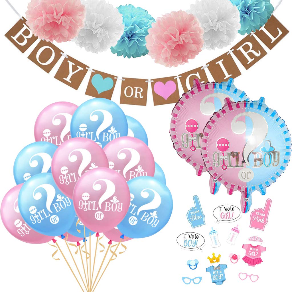 Amycute 49 Pcs Gender Reveal Party Supplies kit, Baby Reveal Decorations Including Boy or Girl Banner/Balloon/Photo Props for Gender Reveal or Baby Shower Decorations
