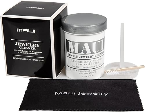 Maui Gentle Jewelry Cleaner Solution Kit con paño de pulido. Sin amoníaco, no tóxico, solución líquida biodegradable, aroma Gardenia, limpiador para