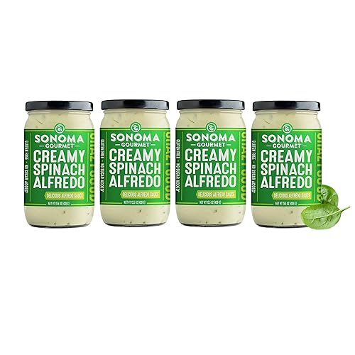 Sonoma Gourmet Salsa de pasta Alfredo de espinacas, sin gluten y sin azúcar añadida, hecha con crema real, tarros de 15.5 onzas (paquete de 4)