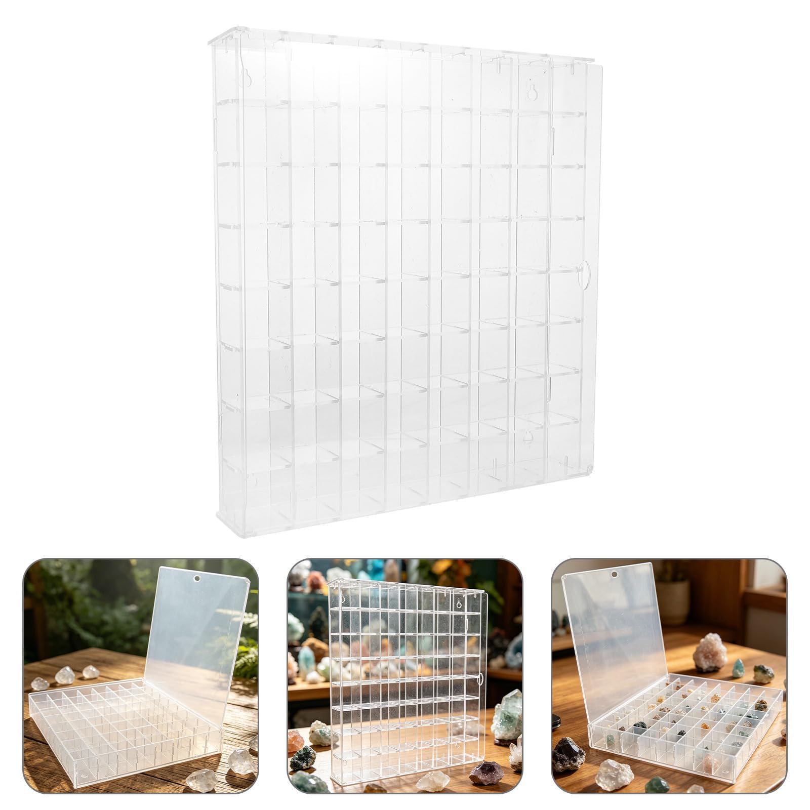 Vitrina Expositora Acrílica para Colecciones de Minerales y Cristales con 64 Compartimentos y Puerta, Adecuado para Habitaciones Compactas y Montaje en Pared