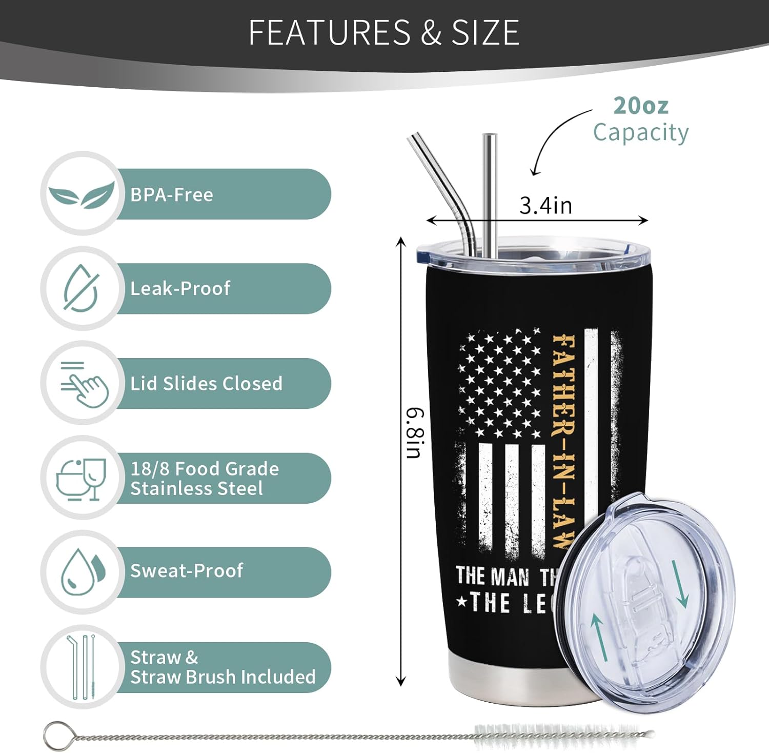 Father In Law Gifts - Birthday Gifts for Father In Law - Father In Law Gift from Daughter In Law - Funny Father In Law Gift Ideas, 20 oz Stainless Steel Tumbler With Lid & Straw - Image 2