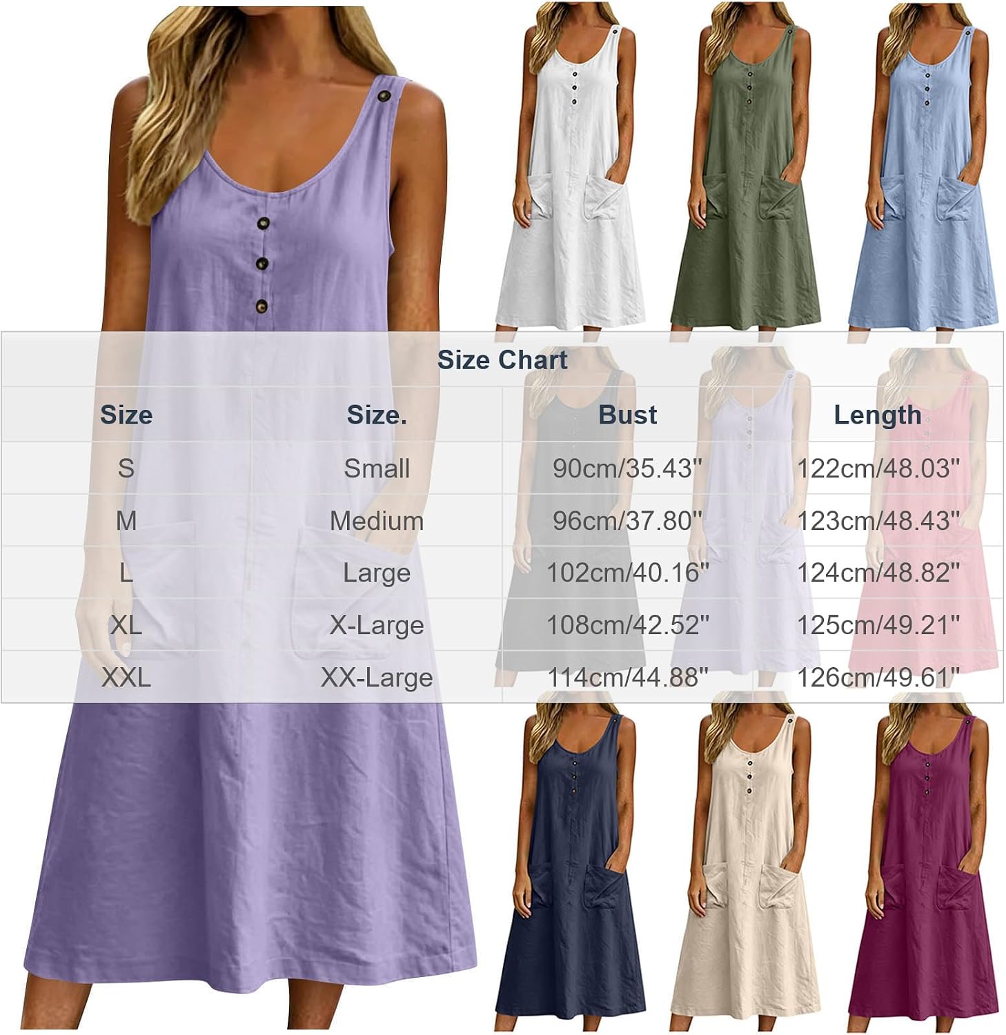 Cotton Linen Maxi Dress for Women Summer Boho Casual Beach Dresses Sleeveless Crew Neck Gauze Sundress with Pockets