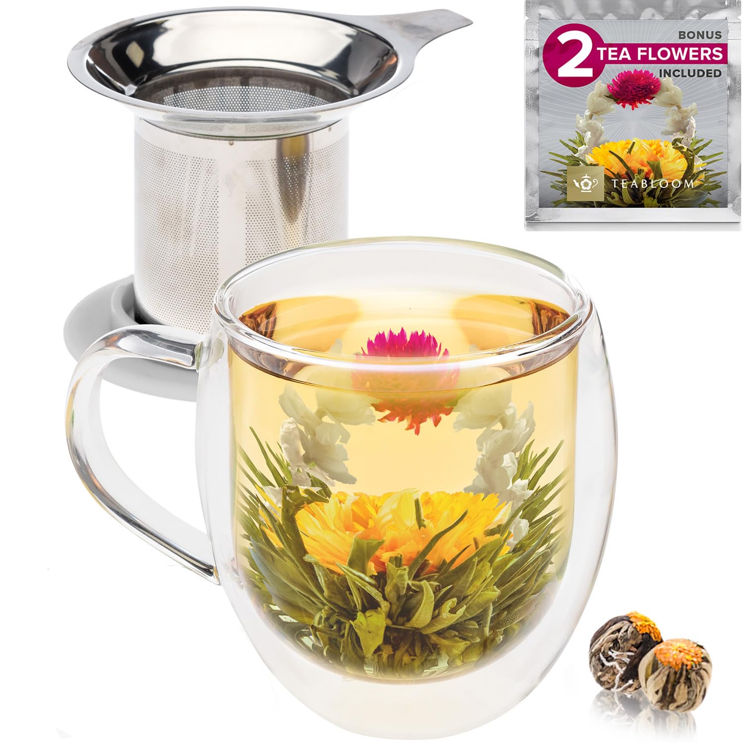 TEABLOOMStay-Hot Heatproof Glass Mug with Loose Tea Infuser and Lid – 15 oz /430 mL – 2 Blooming Teas Included