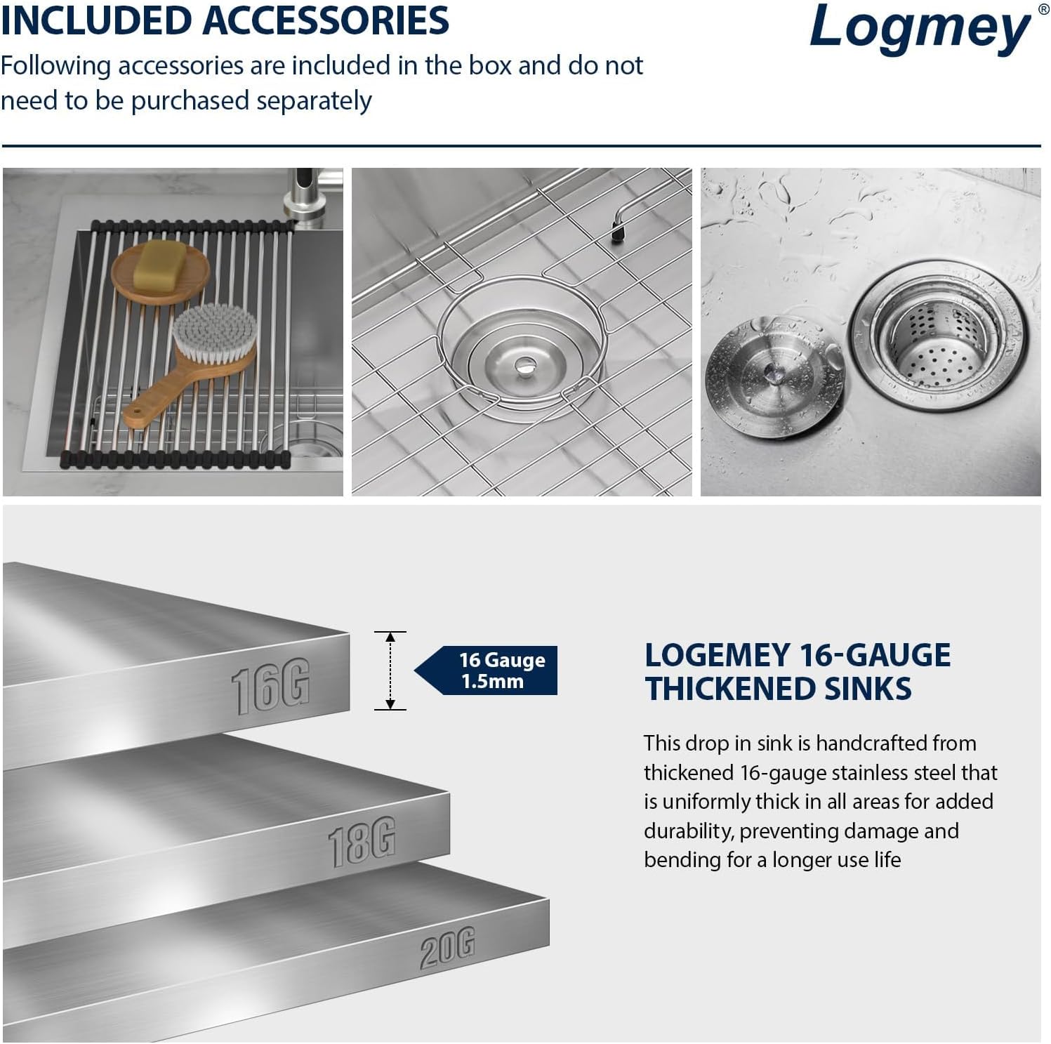 Logmey 22x22 Drop in Laundry Sink 22 Inch Laundry Room 12" Deep Sinks Handmade 16 Gauge Heavy Duty Stainless Steel Large Capacity Utility Washing Tub for Home & Commercial Use