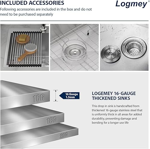 Miniatura 6 de Logmey Fregadero de lavandería con caída de 25 x 22 pulgadas, fregadero de 25 pulgadas de profundidad, hecho a mano, calibre 16, acero inoxidable de