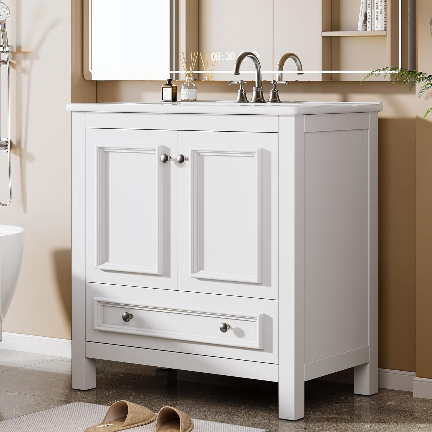 Tribesigns Modern Bathroom Vanity with Sink, Freestanding Cabinet with Ceramic Basin Combo, 2 Doors and 1 Drawer, Solid Wooden Frame, White, 30 Inch