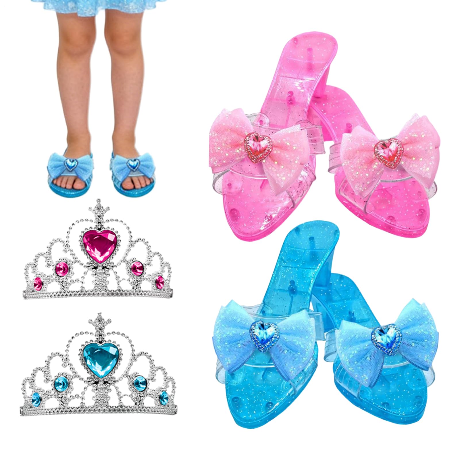 Prinzessin Spielschuhe Set - Glänzende Keil Highheels Krone Optik, Kinder Rollenspiel | Kreative Verkleidung Auftritts Accessoire Stil Konzept, Zauberhafte Kostüm Ergänzung mit Geburtstag Bühne Fest E