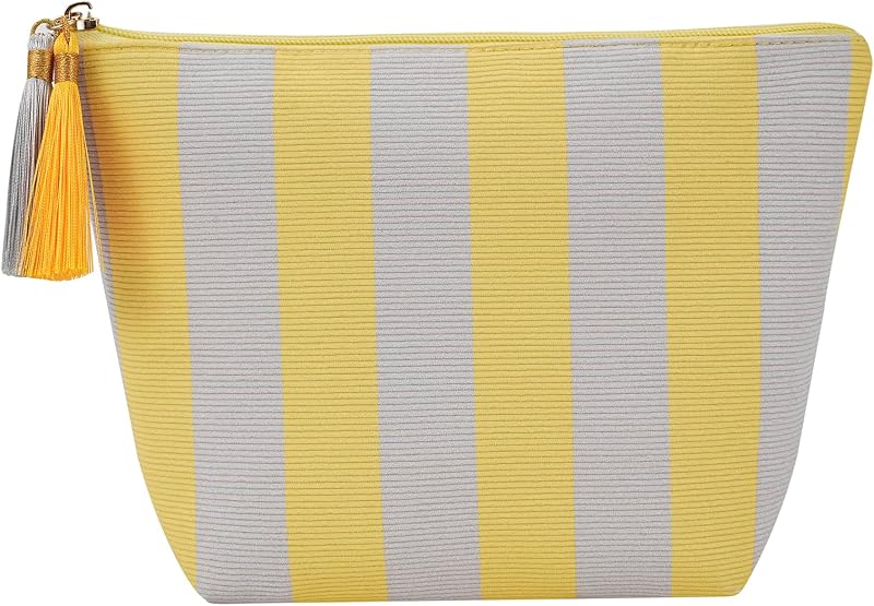 Necessaire de maquiagem em veludo cotelê listrado RSRSLEII, 22Yellow&Gray