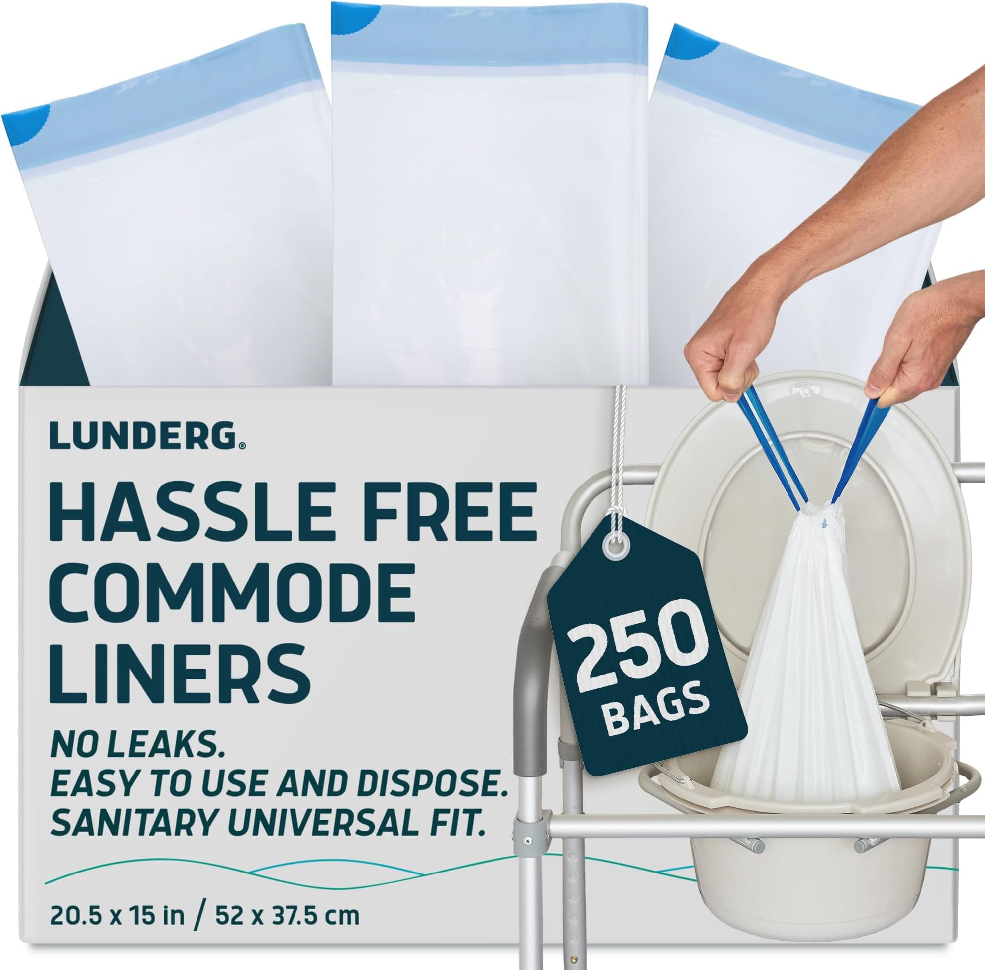 Lunderg Commode Liners - Value Pack 250 Count Universal Fit - Medical Grade Bedside Commode Liners Disposable for Adult Commode Chair, Portable Toilet Bags or Camping Toilet Bags