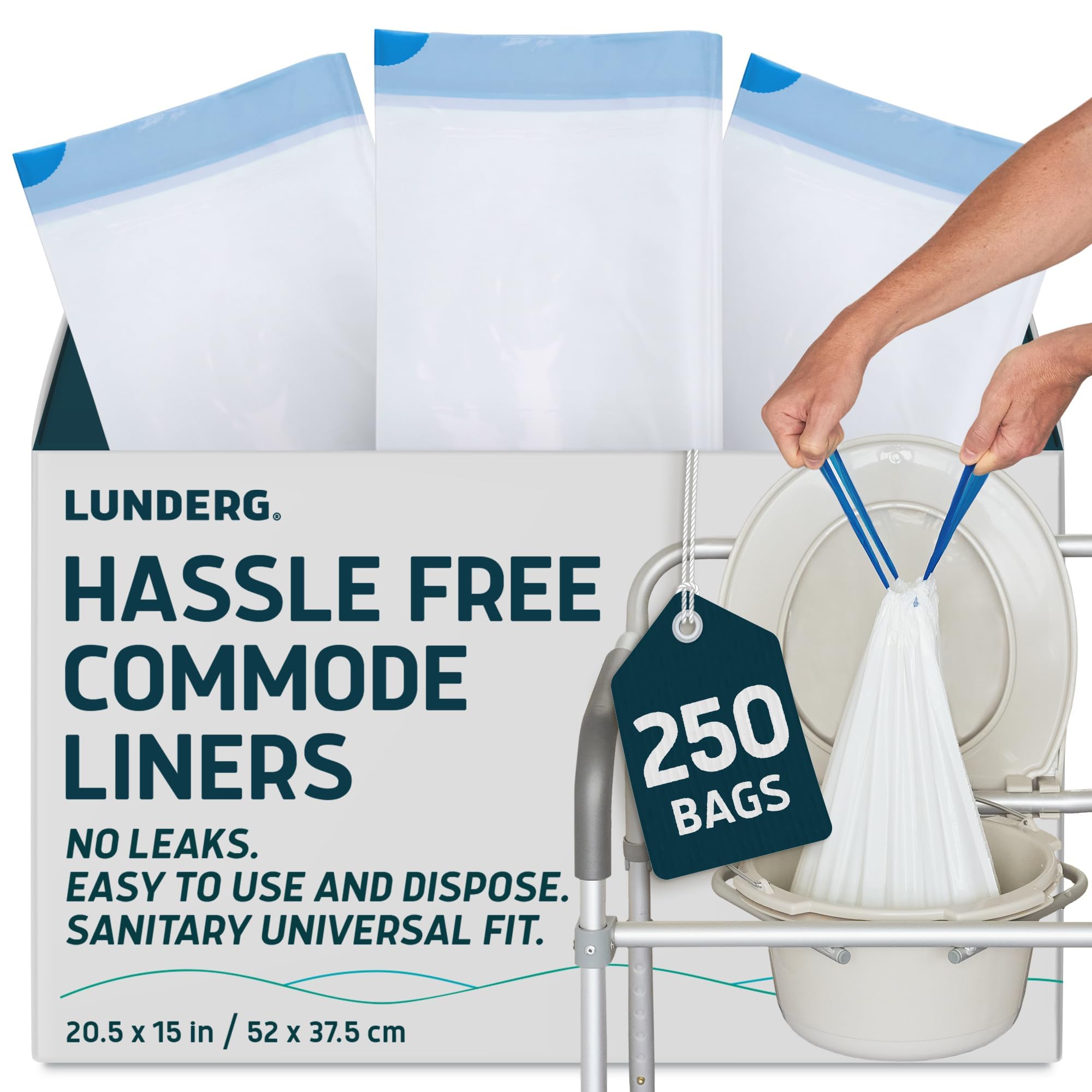 lunderg commode liners - value pack 250 count universal fit - medical grade bedside commode liners disposable for adult commode chair, portable toilet bags or camping toilet bags