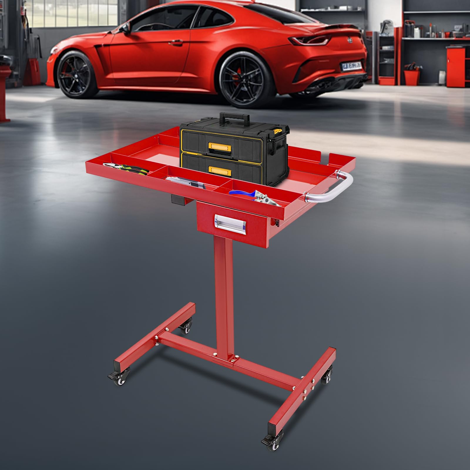Chariot à outils sur roulettes avec tiroir | Table de travail mobile pour garage et atelier | Construction en acier, 4 roulettes de frein, capacité de charge de 100 kg et plateau de rangement (rouge)
