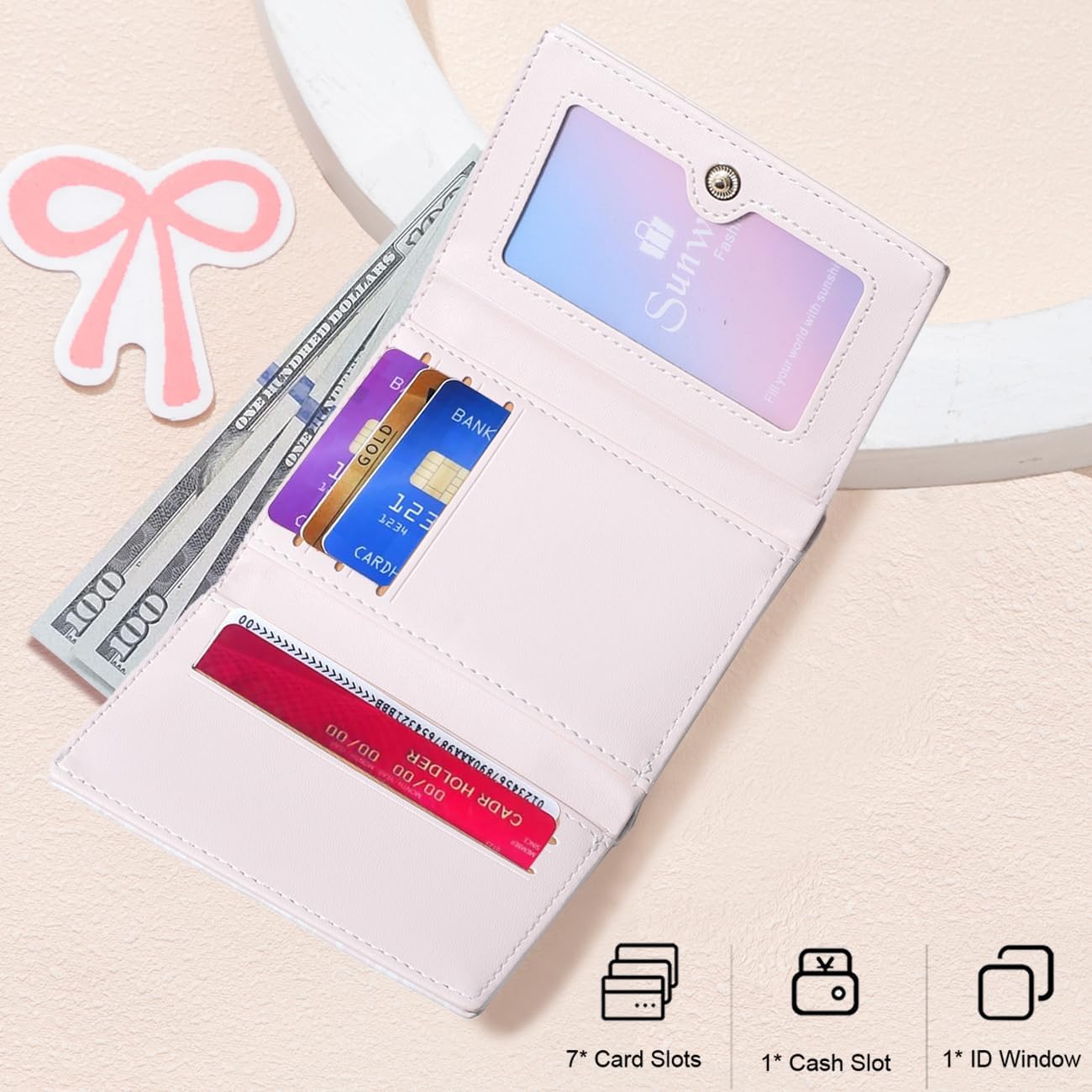 Sunwel Fashion Cute Wallets Girls Coquette Bow Small Wallet Pink Aesthetic with Card Slots ID Window Purse for Women - Image 2