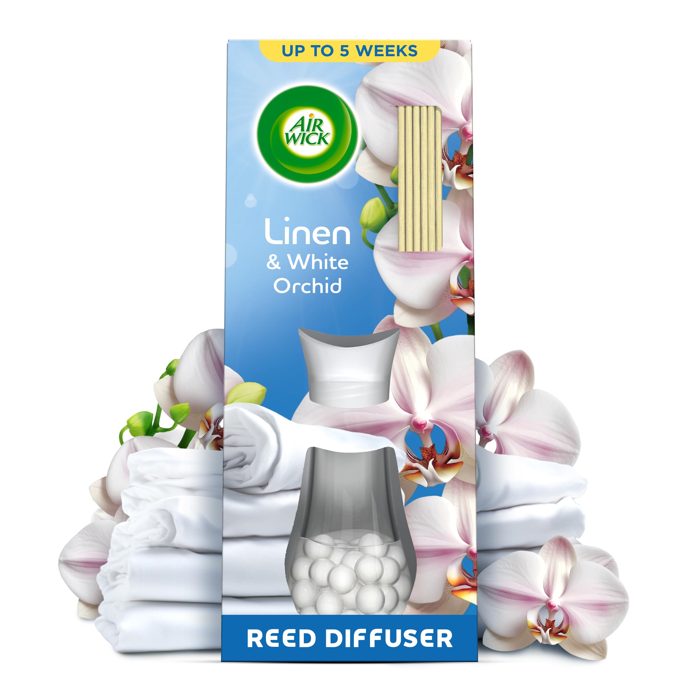 Air Wick Reed Diffuser Multipack, Linen and White Orchid 25 ml, 5 Weeks of Long-Lasting Freshness, Elegant Home Decor, Neutralizes Odors, Enhances Room Ambiance, Air Freshener