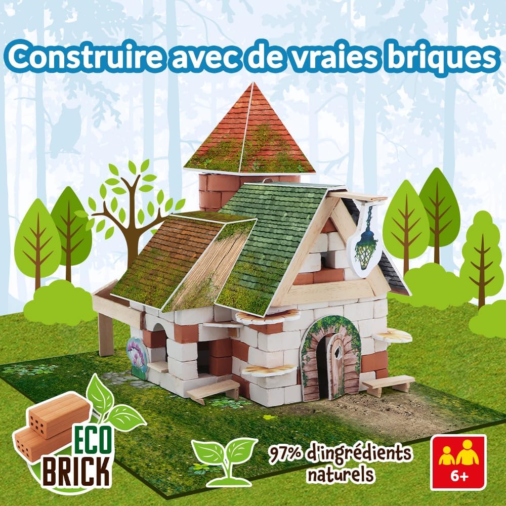 A completed Brick Trick Trefl Small Forest House model set against a forest background, emphasizing the use of real bricks and natural ingredients.