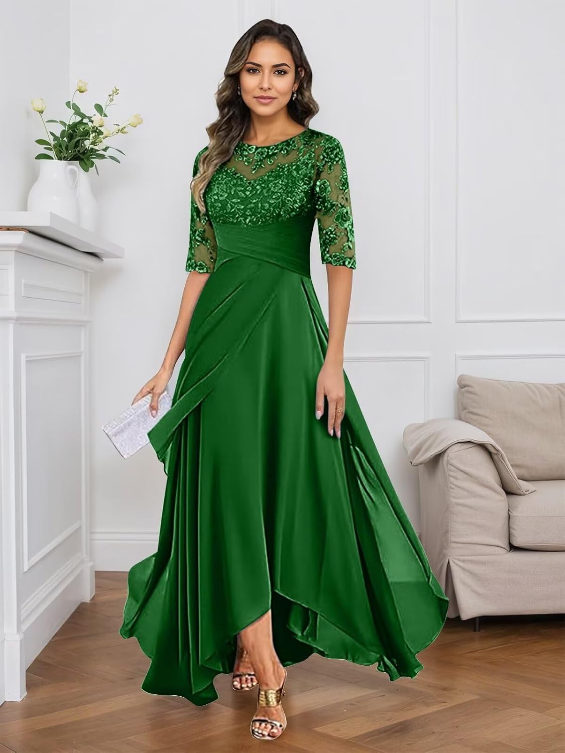 RYANTH Chiffon Lace Appliques Mother of The Bride Dresses for Women Half Sleeve Tea Length A Line Formal Evening Gowns - Image 7