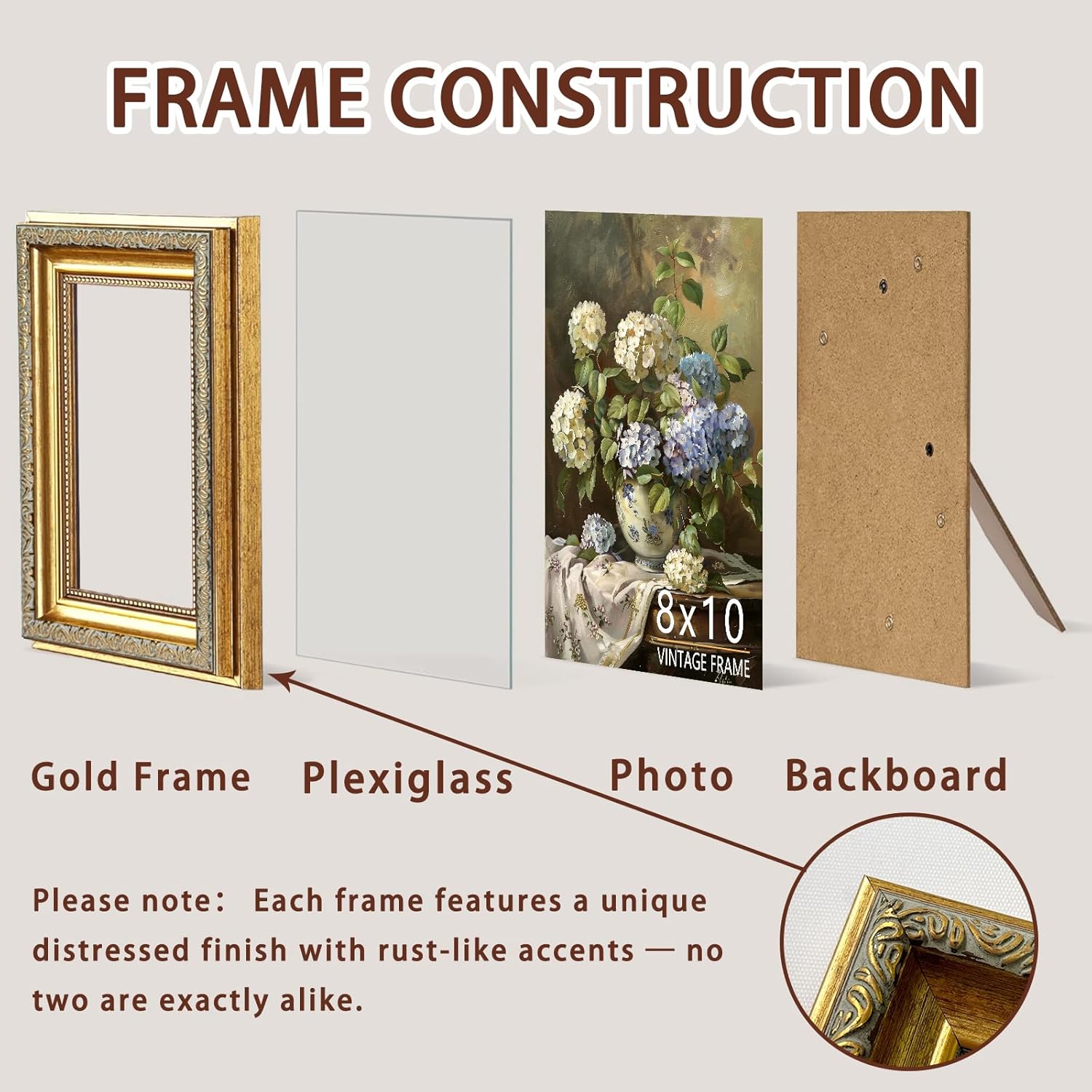 Ornate 8x10 Picture Frame Set of 2, Vintage 8 x 10 Photo Frame for Wall Hanging and Tabletop Display, Distressed Gold Color, Picture Frames 8x10, 2 Pack