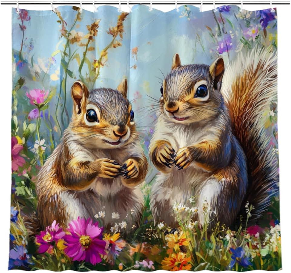 NGZ Spring Squirrel Shower Curtain Colorful Fantasy Flowers Green Floral Forest Farmhouse Natural Country Scenery Bathroom Curtain Fabric with Hooks 72×72 in