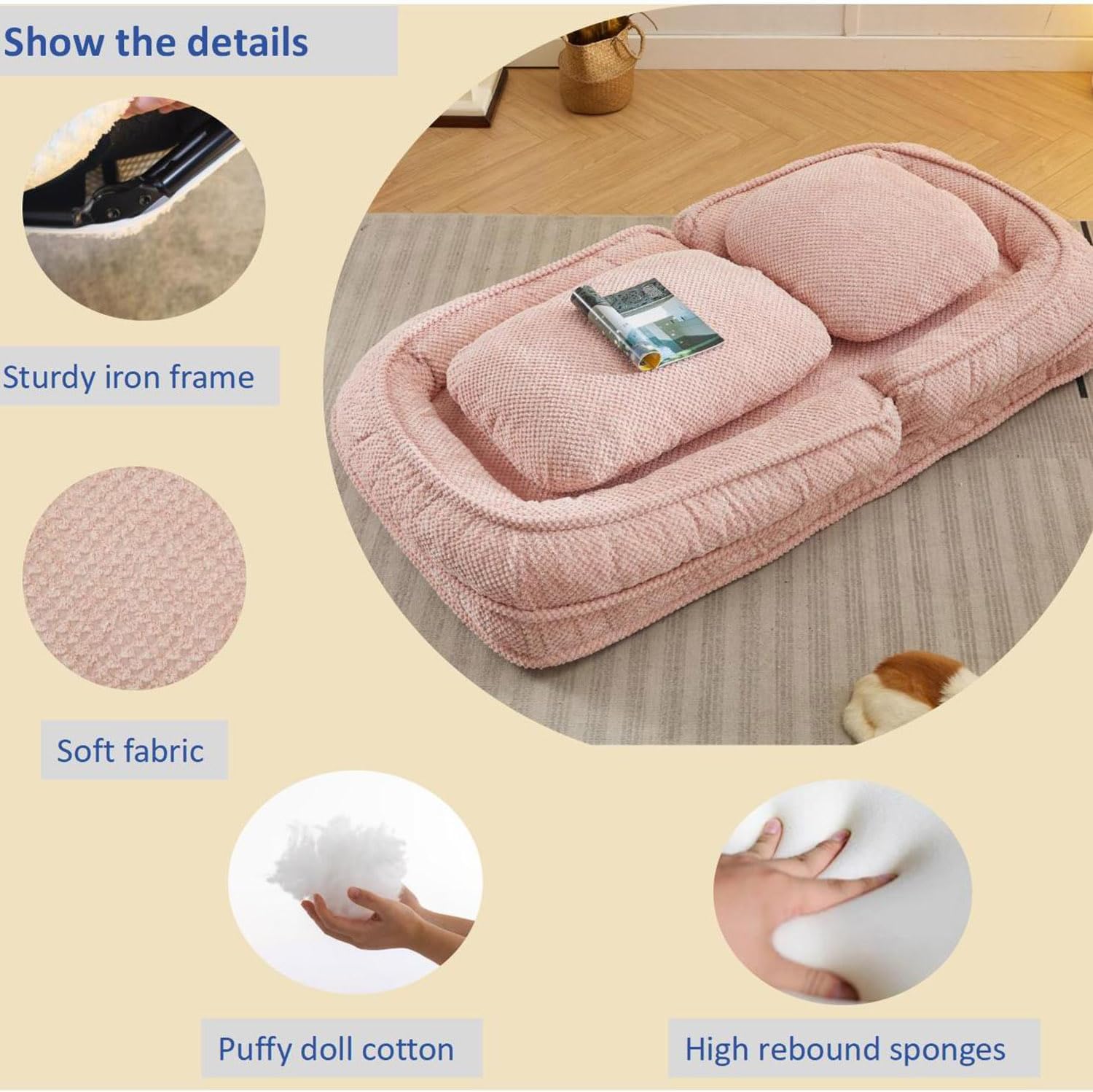 review Human Dog Bed, 5 Adjustable Position Extra Large Dog Bed for Humans, 69.29''L x 34.65''W x 33.07''H Giant Dog Bed for Adults and Pets with Sturdy Iron Frame, 2 Soft Cushions & Puffy Doll Cotton, Pink