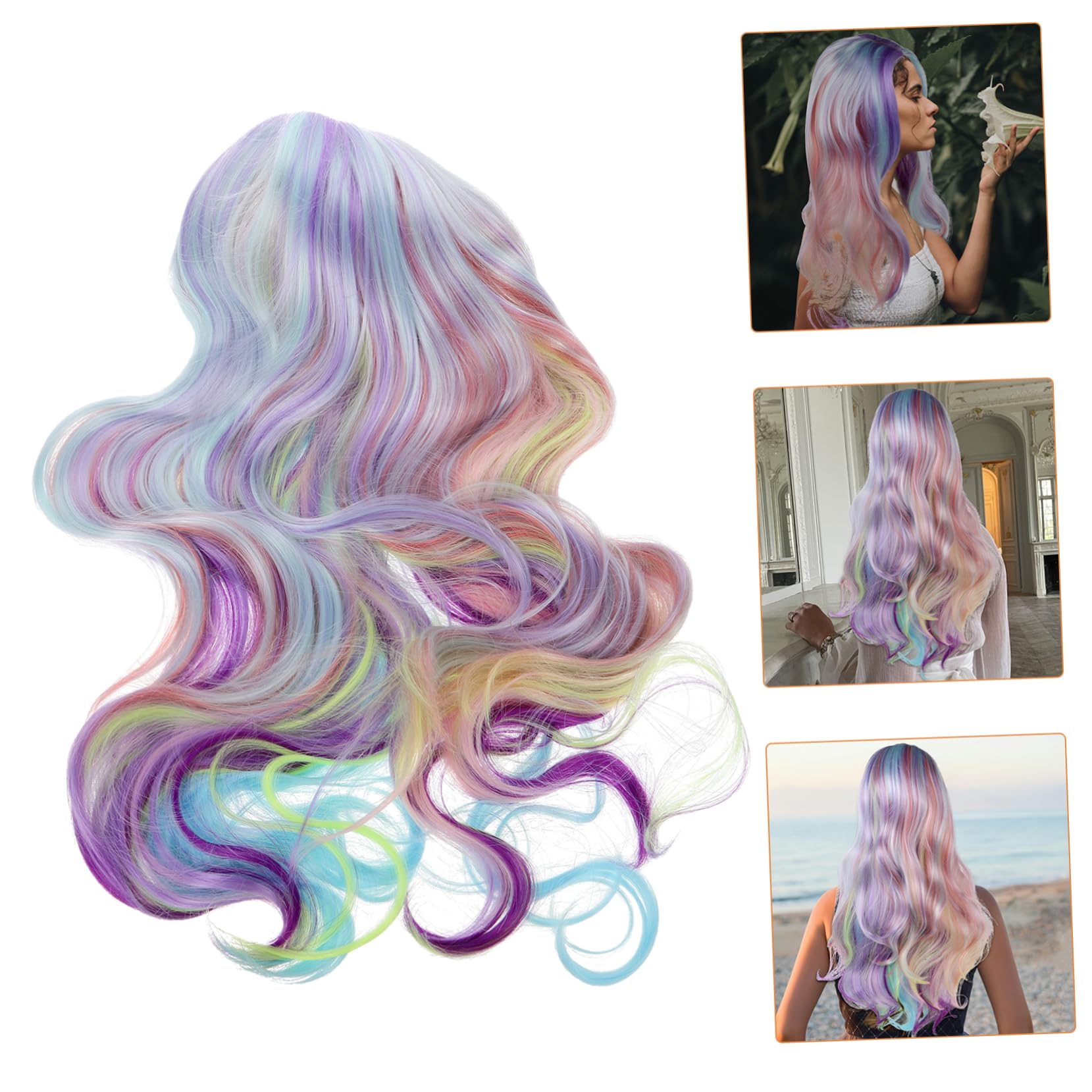 BESTYASH Regenbogen Perücke Regenbogen-cosplay-perücke Wellige n Halloween-kostüm Braune n Für Damen Aus Echthaar Lockig, Wellig Neon Mit
