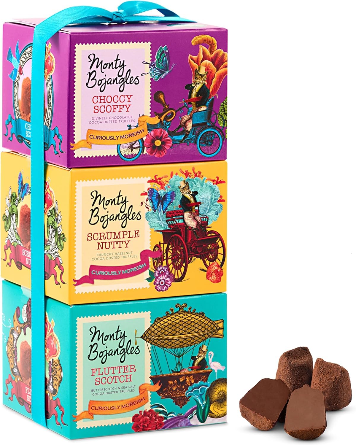 Monty Bojangles Cocoa Dusted Truffles Gift Tower (3 x 100g Pack)- 3 Luxury Chocolate Truffle Boxes - Choccy Scoffy, Scrumple Nutty & Flutter Scotch- The Perfect Chocolate Gift Box Selection