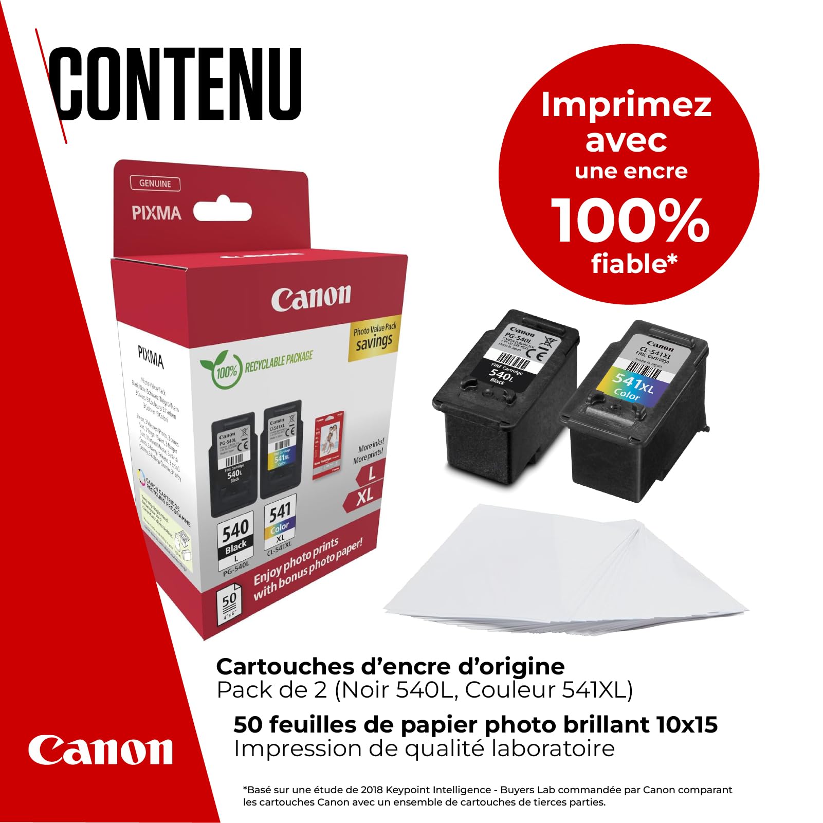 Canon PG540L / CL541XL Lot de 2 Cartouches d'encre Authentiques à Haut rendement Couleurs et Noir 50 Feuilles de Papier Photo 10 x 15 cm