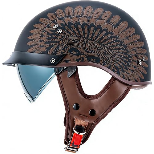 VCOROS Half Helmet Motorcycle DOT Approved Open Face Helmet with Sun Visor and Quick Release Buckle for Adults Men and Women (F07-Indian, M)