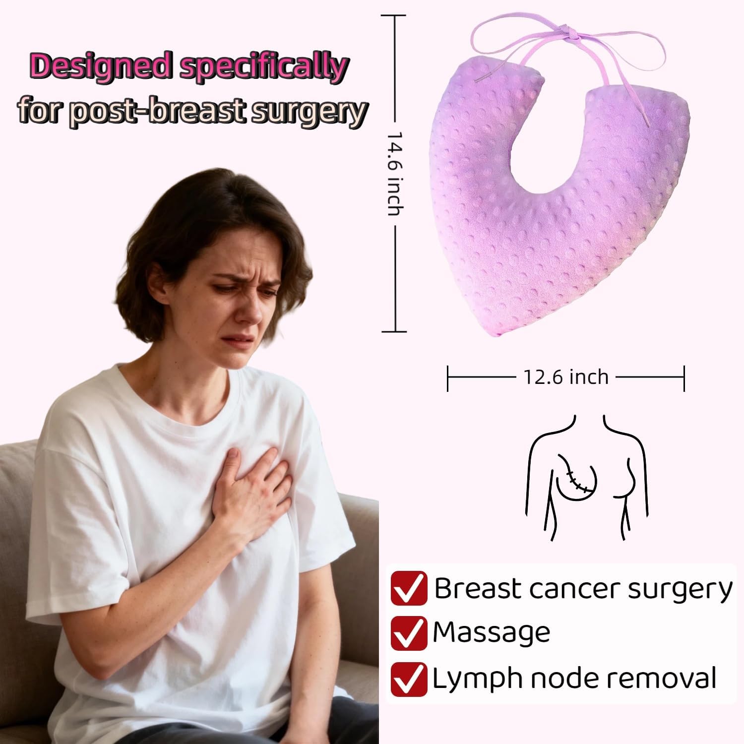 Mastectomy Lumpectomy Pillow,Mastectomy Recovery Supplies for Sleeping & Arm Support,Chest Healing Protector,Patient Care,Seat Belt Pillow,Pink
