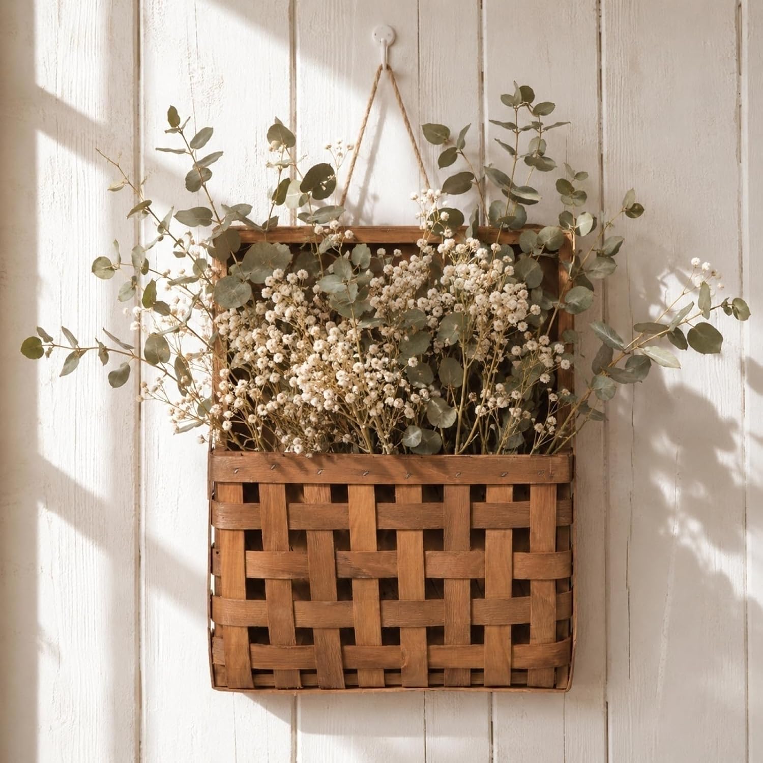 Wooden Wall Hanging Storage Basket, Decorative Holder for Flowers & Small Items, Indoor Farmhouse Wall Decor