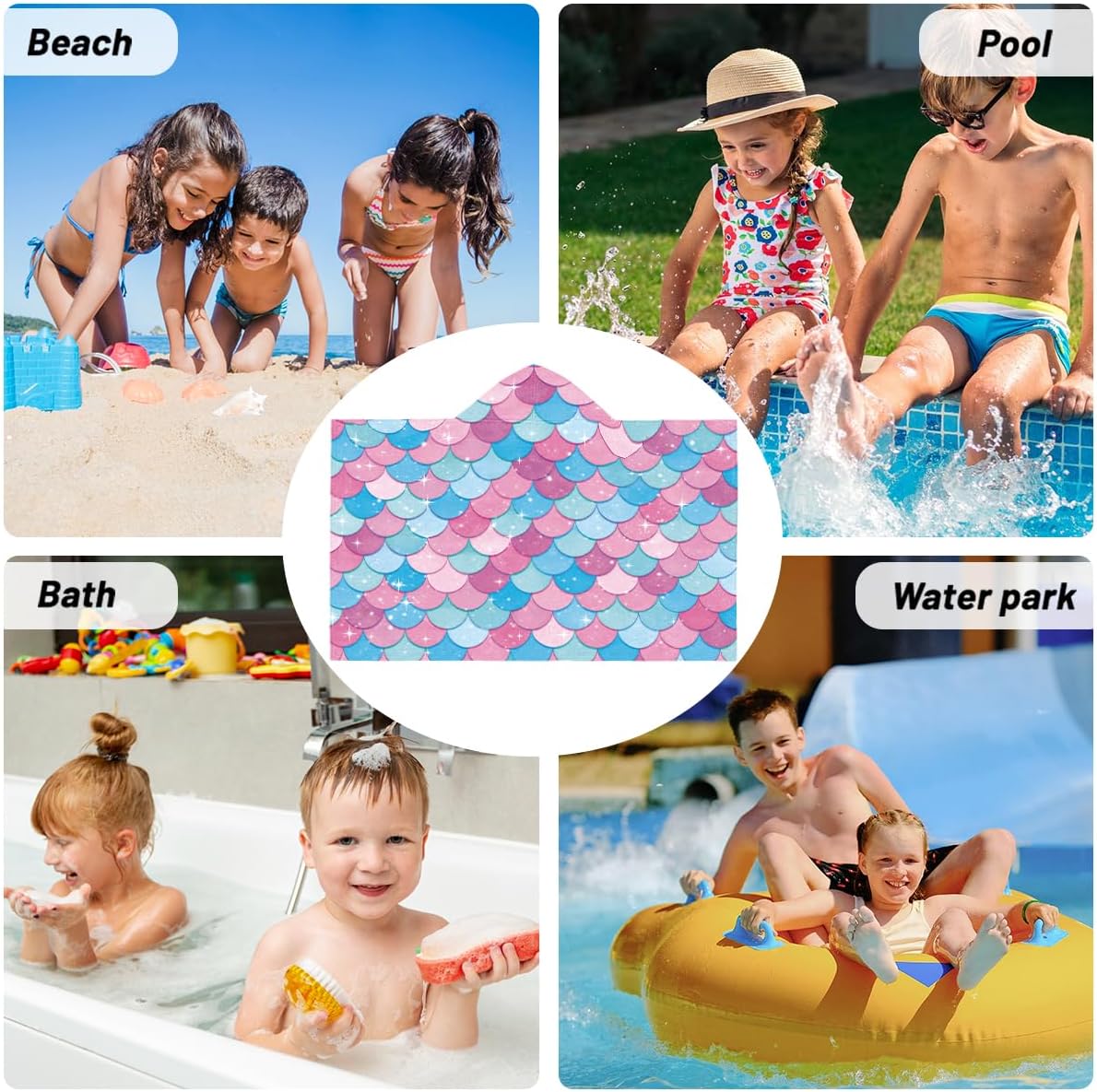 Kids Beach Towel, Absorbent Poncho Towel, Mermaid Scales, 50”x30”