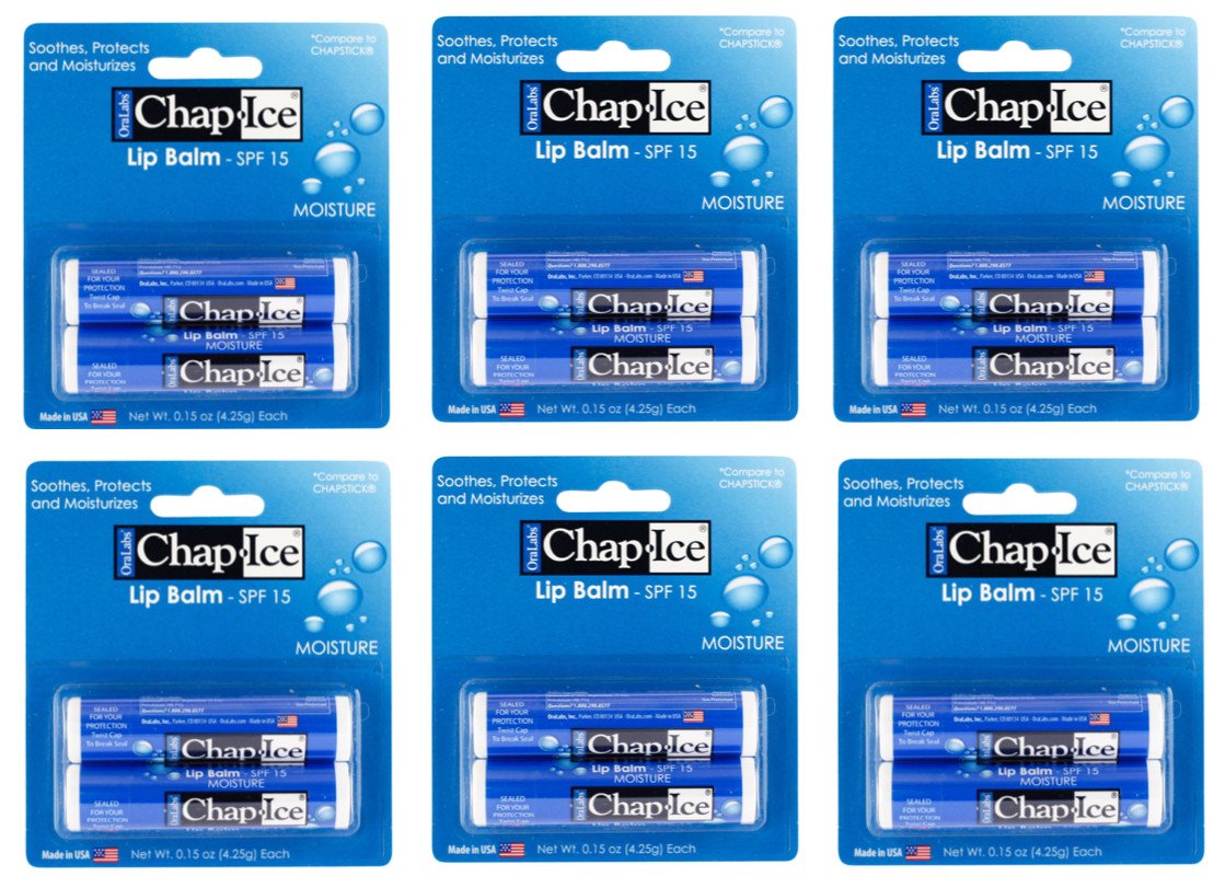 Chap-Ice® | Moisturizing Lip Balm with Sunscreen and Skin Protectant | Lip Balm Pack for Dry, Cracked Lips | Made in USA | 12-Count Original Moisture, SPF-15 (0.15oz/4.25g)