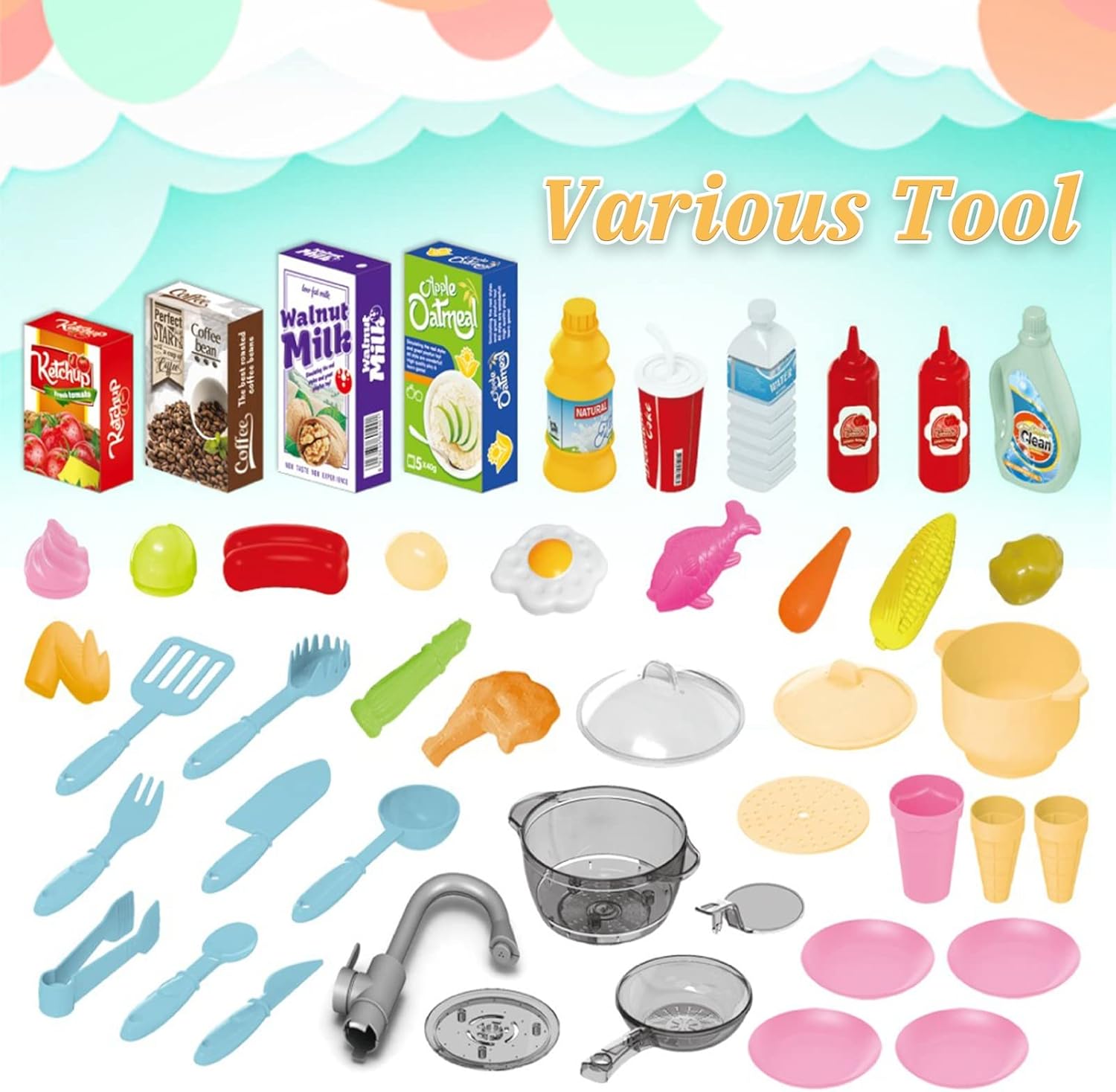 Pretend Play Kitchen Set Sink Toys, Kids Cooking Kitchen Playset with Spray,Realistic Light&Sound, Play Sink with Running Water,Dessert Shelf Toy & Other Kitchen Accessories Set for Girls Boys (C) : Toys & Games