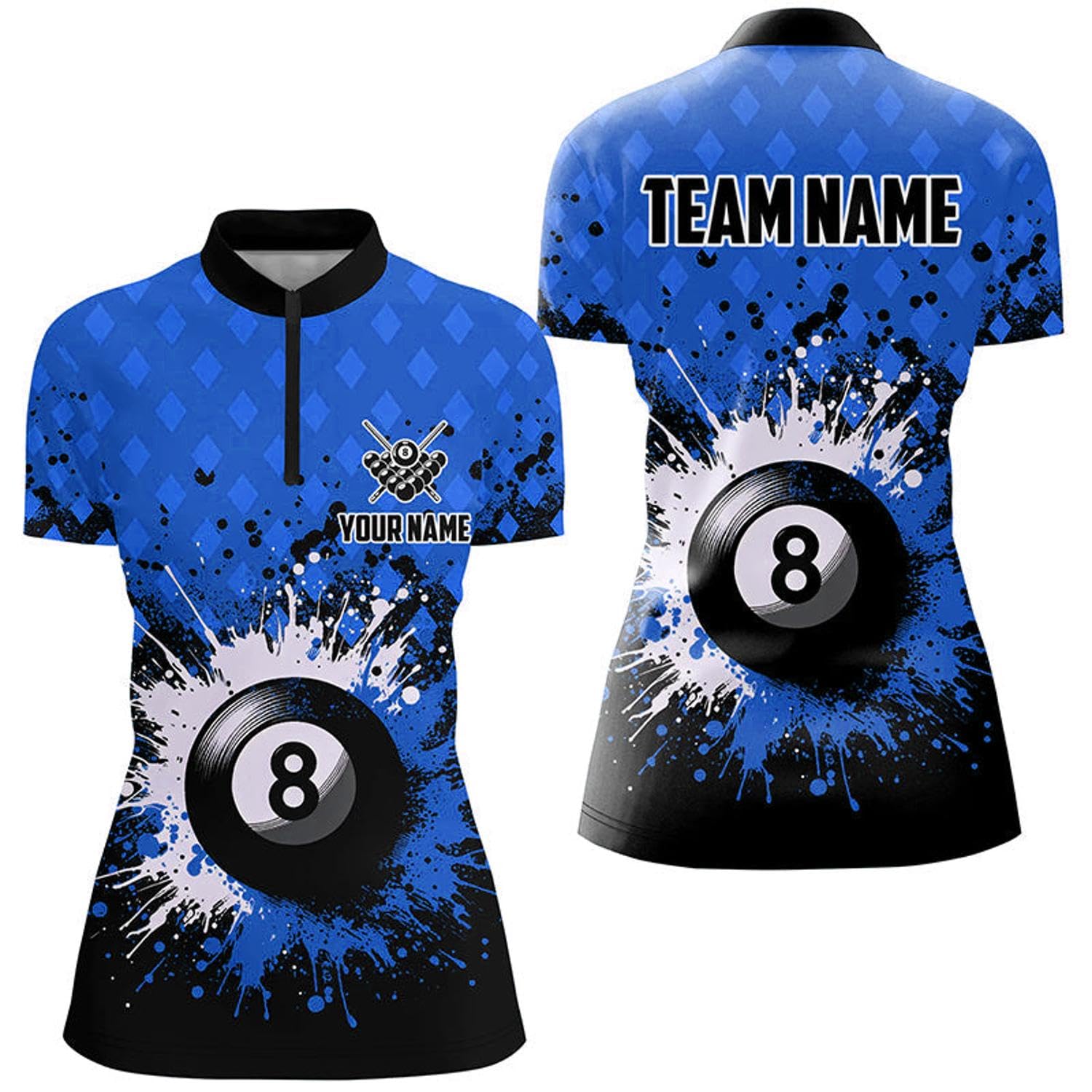 Personalized Red Grunge 8 Ball Pool Women Quarter Zip Shirts Billiard Team Jerseys Uniform T1183