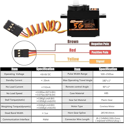 Miniatura 6 de DSPOWER Mini servo digital 5G, kit de motor micro RC de engranajes de plástico con bocina servo 25T para 128 RC modelo de coche, barco, helicóptero