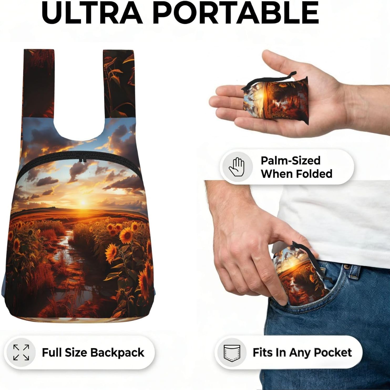 Sunset over sunflower field Backpack - Lightweight 16L Foldable Hiking Daypack Packable Back Pack Travel Bag Zipper image 4